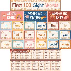 119 Pcs Boho Sight Words Pocket Chart Cards First 100 Sight Words Cards Rainbow Word Cards Sight Word Bulletin Board Set for Preschool Kindergarten Primary School Homeschool