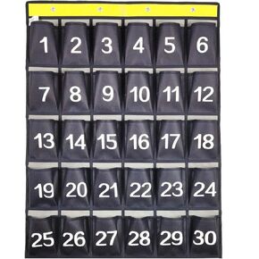 Numbered Cell Phones and Calculator Holder Classroom Pocket Chart Wall Door Hanging Organizer for Sundries (30 Pockets with Digital)