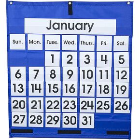Carson Dellosa – Blue Monthly Calendar Pocket Chart, 43 Clear Pockets with 72 Cards, Classroom Management