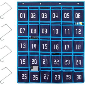 AIEX Numbered Pocket Chart Cell Phone Hanging Organizer Hanging Storage Bag for Classroom Calculator Mobile Phone Holders (30 Pockets, 4 Hooks)