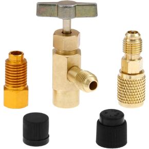 gohantee R1234yf Can Tap Adapter Fitting Kits, 1/4 SAE to 1/2 Acme LH Can Bottle Tap Opener with 1/4'' SAE Female Adapters and Seal Caps, Brass Dispenser for R134a R12 R22 Charging Hose