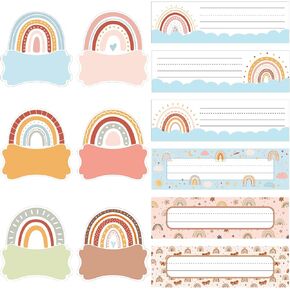 96Pcs Boho Rainbow Cutout Name Tags Self Adhesive Classroom Name Stickers Water Bottle Labels Daycare Name Plate Stickers for Desk Classroom Teacher Back to School Baby Shower Party Favor