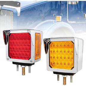 RED WOLF Truck Trailer Pedestal Light Turn Signal Marker Light Amber/Red Square Double Face 52 LEDs Three Stud Mount for Peterbilt Kenworth Freightliner Mack Western Star Fender Lamp