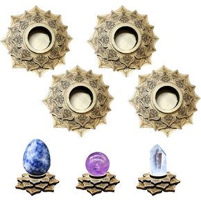 4 Pcs Crystal Sphere Display Stand, Wood Lotus Crystal Ball Stand, Wooden Mini Sphere Holder, Crystal Ball Display, Wood Crystal Ball Grid Board for Display Collection (O.D. 4.4 Inch)