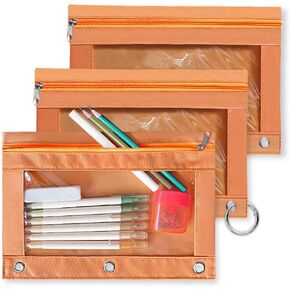 qianshan 3 Packs Pencil Case,Pencil Pouch 3 Ring, Each Holds 100 Colored Pencils or 50 Gel Pens with Zipper Closure,Binder Pencil Pouch for Watercolor Pens or Markers. Burnt Orange