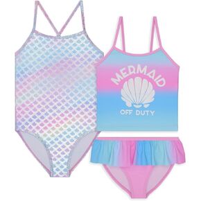 BTween Girls One Piece Bathing Suit & 2-pc Tankini Swimsuit Set, Kids Cute Swimwear - Mermaid, Rainbow, Unicorn or Butterfly