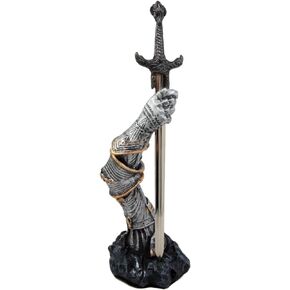 Ebros Gift Classical Medieval Suit of Armor King Arthur Knight Arm Holding Excalibur Sword Desktop Letter Opener Figurine Accessory 10" H Matter of Britain Arthurian Legends Collectible