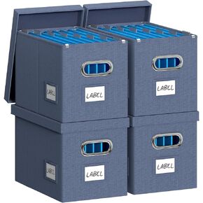 Hanging File Box with Lid, Set of 2 Filing Organizer Storage Box, Linen Collapsible Decorative Office/Home File Cabinet (14x9.3x10.9 inch) (Navy Blue)