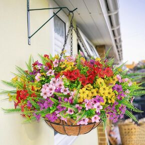 Elyum Artificial Hanging Plants Outdoors, Artificial Fake Hanging Baskets with Flowers, UV Resistant Faux Hanging Plants Flowers for Outdoors Garden, Spring Decor for Patio Porch(Mixed Color)