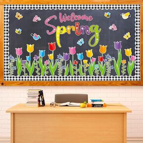 Spring Tulip Bulletin Board Set Classroom Decorations Easter Tulip Flowers Cutouts Welcome Spring Wall Decals Floral Bee Birds Butterfly Paper-Cuts for Spring Flower Birthday Home Decor