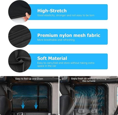 ظلال النافذة الخلفية متوافقة مع 1997-2022 2023 2024 Wrangler TJ JK JL ملحقات غطاء النافذة الجانبية المعتمة للمصارع JT 1997-2022 2023 شبكة نافذة جانبية قابلة للتنفس in Kuwait