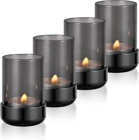 Tealight Candle Holder Black Tea Candle Holder Cylinder Glass for Standard Tea Light Birthday Party Table DIY Decor Pack of 4, Black Nickel Base+Black Glass in Saudi Arabia