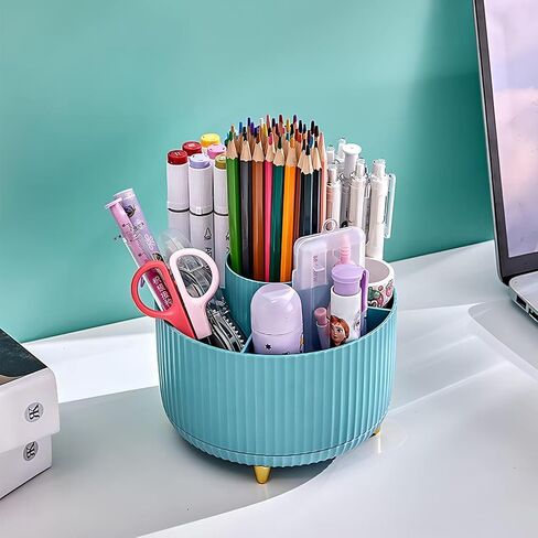 DASITON Large Capacity Makeup Brush Holder,360° Rotating Makeup Organizer,5 Slot Makeup Brushes Cup,for Vanity Decor,Bathroom Countertops,Desk Storage Container,Cosmetic Display cases(Blue) in Saudi Arabia
