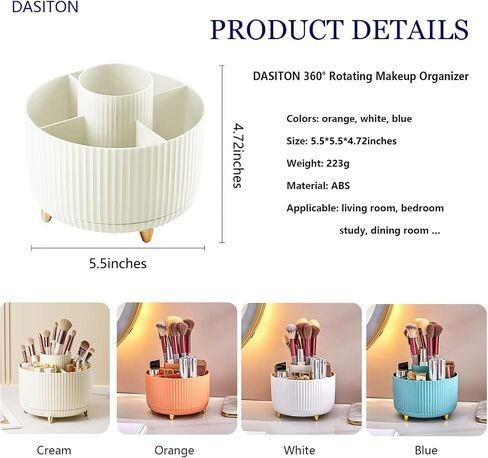 DASITON Large Capacity Makeup Brush Holder,360° Rotating Makeup Organizer,5 Slot Makeup Brushes Cup,for Vanity Decor,Bathroom Countertops,Desk Storage Container,Cosmetic Display cases(Blue) in Saudi Arabia