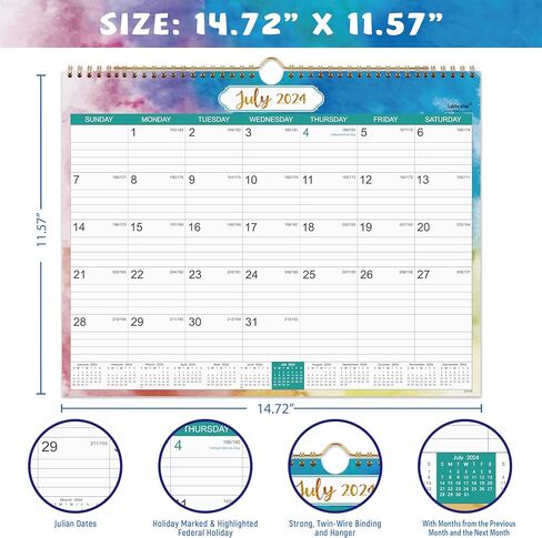 تقويم حائط 2024-2025 - تقويم حائط 2024-2025 من يوليو 2024 إلى ديسمبر 2025، 11.57 بوصة × 14.72 بوصة مع تاريخ جوليان، ورق سميك، غلاف مزدوج السلك in Kuwait