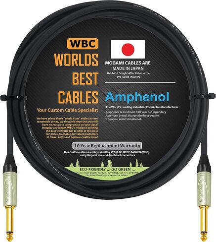 WORLDS BEST CABLES 15 Foot - Guitar Bass Instrument Cable Custom Made Using Mogami 2524 Wire and Amphenol QM2P-AU ¼ Inch Straight (6.35mm) Gold TS Connectors in Saudi Arabia