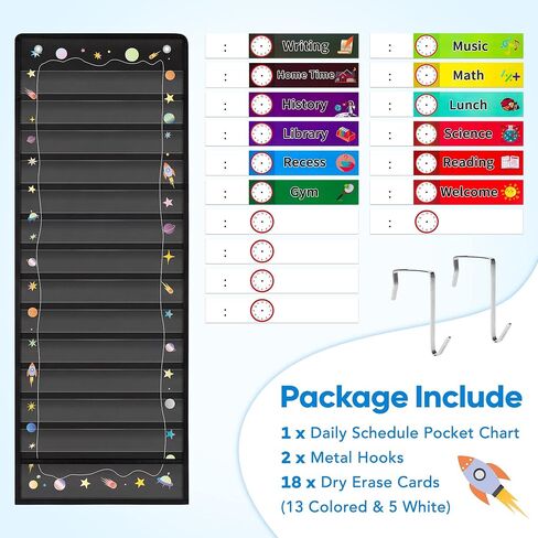 مخطط جيب للجدول اليومي من D-FantiX مع 13+1 جيب، 18 قطعة من بطاقات ممحاة جافة قابلة لإعادة الاستخدام وخطافين، مخطط جيب للجدولة للفصل الدراسي والمكتب والمنزل ومركز التعلم لمرحلة ما قبل المدرسة (أسود) in Kuwait