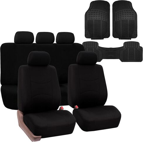 FH Group Automotive Seat Covers Full Set Beige Universal Fit Multifunctional Flat Cloth and with Combo Vinyl Floor Mats for Cars Trucks SUV, Airbag and Split Rear Seat Covers Interior Accessories in Saudi Arabia