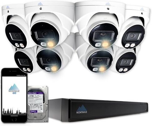 نظام كاميرا Montavue UltraHD PoE، 8 كاميرات مراقبة برجية 4K 8MP مع صوت، 16 قناة NVR، رؤية ليلية، إضاءة مزدوجة ذكية AI، كشف الحركة (الأشخاص/المركبة)، محرك أقراص ثابتة 3 تيرابايت (أبيض) in Saudi Arabia