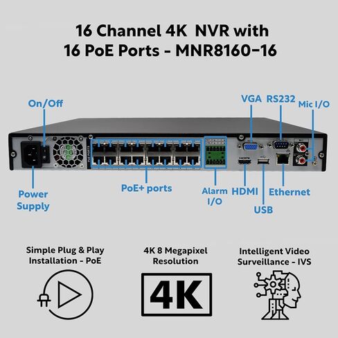 نظام كاميرا Montavue UltraHD PoE، 8 كاميرات مراقبة برجية 4K 8MP مع صوت، 16 قناة NVR، رؤية ليلية، إضاءة مزدوجة ذكية AI، كشف الحركة (الأشخاص/المركبة)، محرك أقراص ثابتة 3 تيرابايت (أبيض) in Saudi Arabia