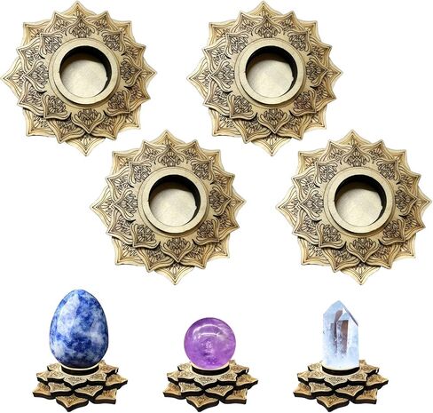 4 Pcs Crystal Sphere Display Stand, Wood Lotus Crystal Ball Stand, Wooden Mini Sphere Holder, Crystal Ball Display, Wood Crystal Ball Grid Board for Display Collection (O.D. 4.4 Inch) in Kuwait