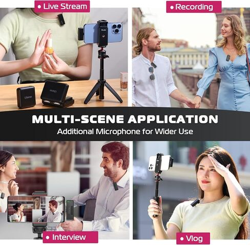ميكروفون ULANZI UW-MIC اللاسلكي Lavalier 2.4 جيجا هرتز لجهاز iPhone iPad، ميكروفون تشغيل 2 في 1 مع علبة شحن للهاتف وتسجيل الفيديو ومقابلة مستخدمي YouTube ومدوني الفيديو، نطاق نقل 328 قدمًا in Saudi Arabia