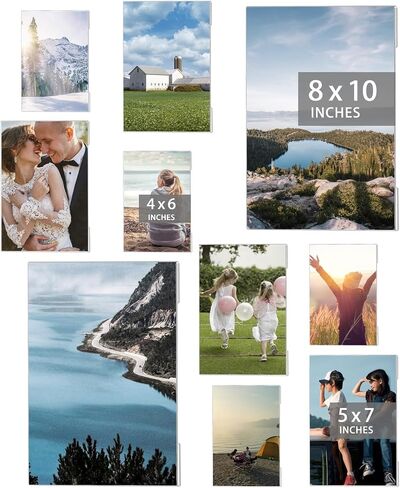 إطار صور أكريليك - 10 إطارات صور مجمعة شفافة مع اثنين مقاس 8 × 10 - أربعة مقاس 5 × 7 - أربعة مقاس 4 × 6 - مجموعة إطار صور أكريليك لديكور معرض الحائط - شاشة معلقة أو سطح الطاولة - واجهة زجاجية شفافة in Kuwait