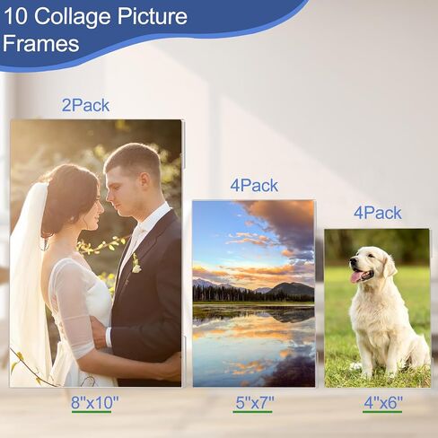 إطار صور أكريليك - 10 إطارات صور مجمعة شفافة مع اثنين مقاس 8 × 10 - أربعة مقاس 5 × 7 - أربعة مقاس 4 × 6 - مجموعة إطار صور أكريليك لديكور معرض الحائط - شاشة معلقة أو سطح الطاولة - واجهة زجاجية شفافة in Kuwait