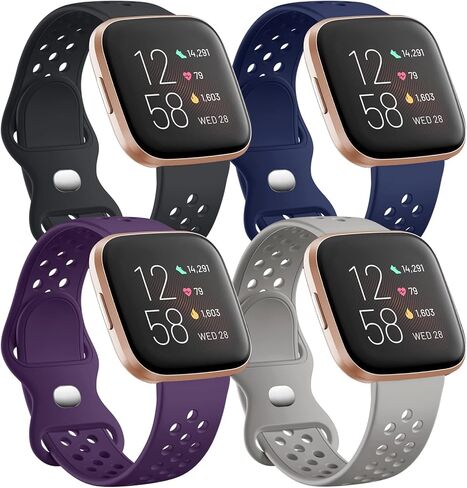 Witzon 4 عبوات متوافقة مع Fitbit Versa/Versa Lite/Versa 2 Band، أساور معصم بديلة قابلة للتنفس، أساور رياضية من السيليكون الناعم لساعة Versa 2 الذكية للنساء والرجال، صغيرة، أسود/أبيض/رمادي/وردي in Kuwait