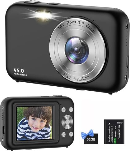 كاميرا أطفال 1080 بيكسل مع تكبير 16X - كاميرا رقمية مضادة للاهتزاز 48 ميجابكسل للتصوير الفوتوغرافي مع بطاقة 32 جيجابايت، كاميرا صغيرة مدمجة للأطفال المبتدئين in Kuwait