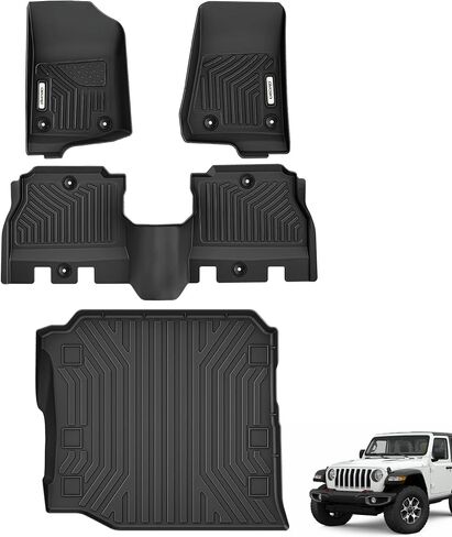 سجادات أرضية OEDRO متوافقة مع 2014-2018 Jeep Wrangler JK Unlimited JKU 4 أبواب (ليس لطرازات بابين وJL)، أسود TPE جميع الأحوال الجوية، وبطانات أرضية الصف الأول والثاني in Kuwait