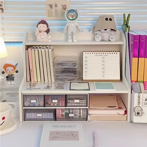 Desktop Organizer Office Desk Storage Rack, Desktop Shelf for Top of Desk, Stationery Cosmetics Toy Storage Display Shelf, White Expandable Desktop Stand Shelf for Office, Dormitory, Home(Small) in Saudi Arabia