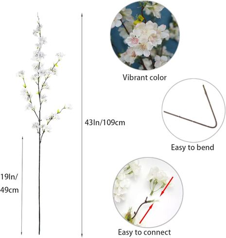 4 قطع زهور زهر الكرز الاصطناعية بطول 43 بوصة زهر الكرز ديكور زهور وهمية لتزيين المنزل والزفاف في الهواء الطلق (أبيض) in Kuwait