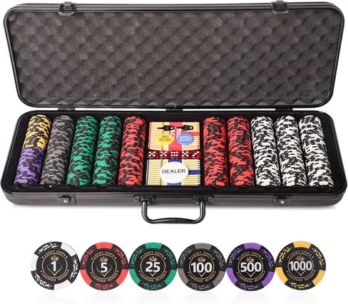رقائق لعبة البوكر الطينية لتكساس هولدم، مجموعة شرائح 500 قطعة 14 جرام مع حقيبة حمل ABS، مجموعتان من البطاقات، 5 نرد، 3 أزرار، رقائق مرقمة in Kuwait