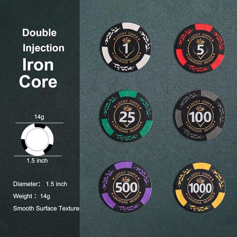 رقائق لعبة البوكر الطينية لتكساس هولدم، مجموعة شرائح 500 قطعة 14 جرام مع حقيبة حمل ABS، مجموعتان من البطاقات، 5 نرد، 3 أزرار، رقائق مرقمة in Kuwait