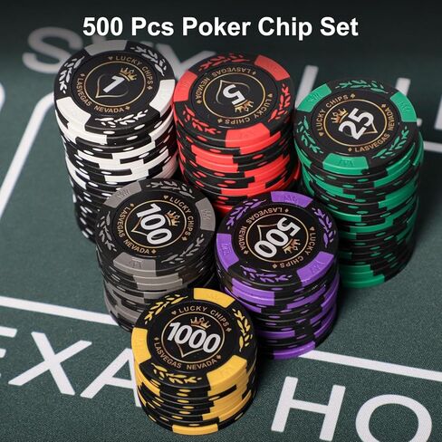 رقائق لعبة البوكر الطينية لتكساس هولدم، مجموعة شرائح 500 قطعة 14 جرام مع حقيبة حمل ABS، مجموعتان من البطاقات، 5 نرد، 3 أزرار، رقائق مرقمة in Kuwait