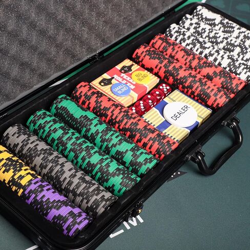 رقائق لعبة البوكر الطينية لتكساس هولدم، مجموعة شرائح 500 قطعة 14 جرام مع حقيبة حمل ABS، مجموعتان من البطاقات، 5 نرد، 3 أزرار، رقائق مرقمة in Kuwait