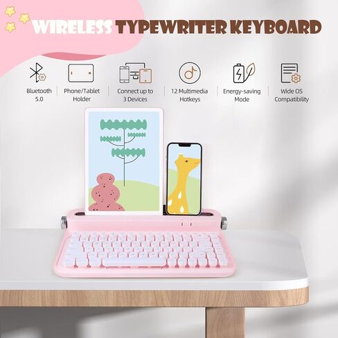 ACTTO Retro Bluetooth Wireless Keyboard, 84 Keys Typewriter Style Keyboard with Built-in Stand for iPad, Tablet, iPhone, Smart Phone, PC, Connect up to 3 Devices (B305, Baby Pink) in Saudi Arabia