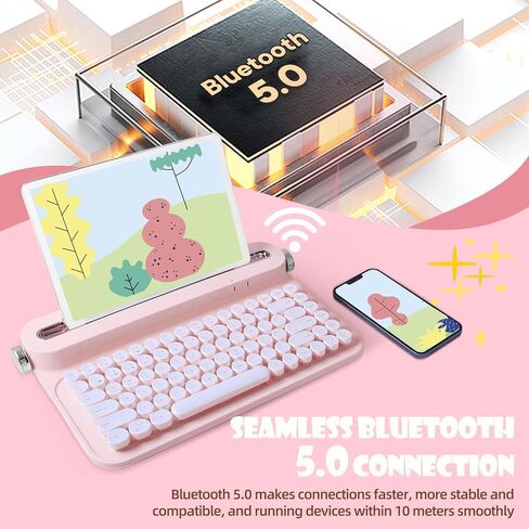 ACTTO Retro Bluetooth Wireless Keyboard, 84 Keys Typewriter Style Keyboard with Built-in Stand for iPad, Tablet, iPhone, Smart Phone, PC, Connect up to 3 Devices (B305, Baby Pink) in Saudi Arabia