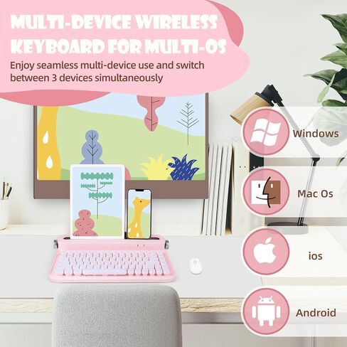 ACTTO Retro Bluetooth Wireless Keyboard, 84 Keys Typewriter Style Keyboard with Built-in Stand for iPad, Tablet, iPhone, Smart Phone, PC, Connect up to 3 Devices (B305, Baby Pink) in Saudi Arabia