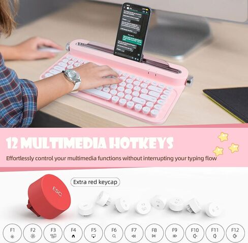 ACTTO Retro Bluetooth Wireless Keyboard, 84 Keys Typewriter Style Keyboard with Built-in Stand for iPad, Tablet, iPhone, Smart Phone, PC, Connect up to 3 Devices (B305, Baby Pink) in Saudi Arabia
