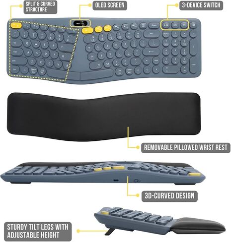 لوحة مفاتيح كمبيوتر لاسلكية مريحة بتقنية البلوتوث 2.4G مع مسند معصم مبطن، لوحة مفاتيح منفصلة مريحة للآلة الكاتبة، 104 مفاتيح مدمجة ولوحة مفاتيح مستديرة لطيفة لأنظمة Mac/Windows in Kuwait