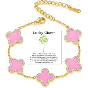 Clover Bracelet for Women 18K Gold Four Leaf Pink Lucky Link Clover Bracelets, Trendy Bracelets Set Jewelry Gifts for Women