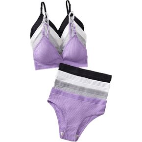 Women's 4 Sets Ribbed Knit Lingerie Sets Wireless Bra and Panties Briefs Matching Underwear Sets