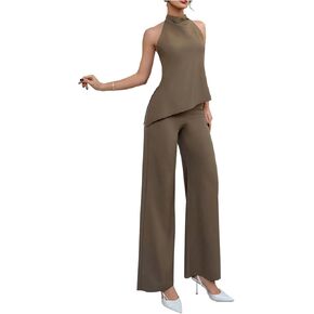 Milumia Women's Two Piece Outfits Sleeveless Asymmetrical Halter Top and Wide Leg Pants Work Business Set