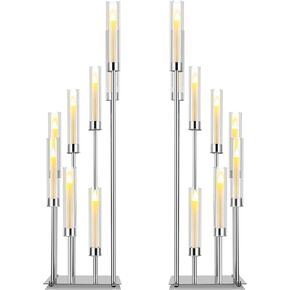 Dandat 2 Pack Candle Holders 41.5" Tall Cluster 8 Arms Acrylic Candelabras Centerpieces Floor Candelabra Standing Candelabra with Clear Acrylic Shades for Flameless Candle for Wedding Spring, Silver