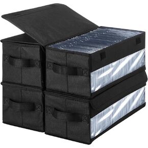 CHENGU 4 Pcs Cd Storage Boxes with Visible Window DVD Case Storage Stackable DVD Holder Organizer with Lid and Handles for Cds, Albums, Books