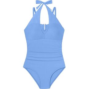 Girls Swimsuit Halter One Piece Swimsuits Solid Ruched Bathing Suit for Girls Quick Dry Summer Beach Swimwear 11-18Y