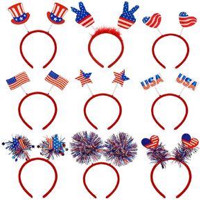 Chanaco 9Pcs 4th of July Accessories Independence Day Red White and Blue Decorations Fourth of July Headbands for Women Patriotic Party Favors USA Flag Star Ribbon Hair Hoop Memorial Day Supplies