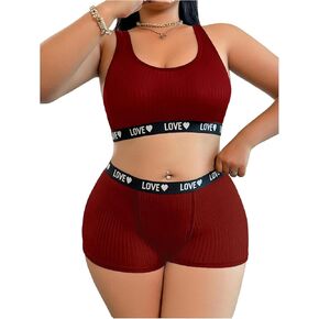 Women's Plus Size 2 Piece Lingerie Set Letter Graphic Wireless Racerback Bra and Panty Boyshorts Set